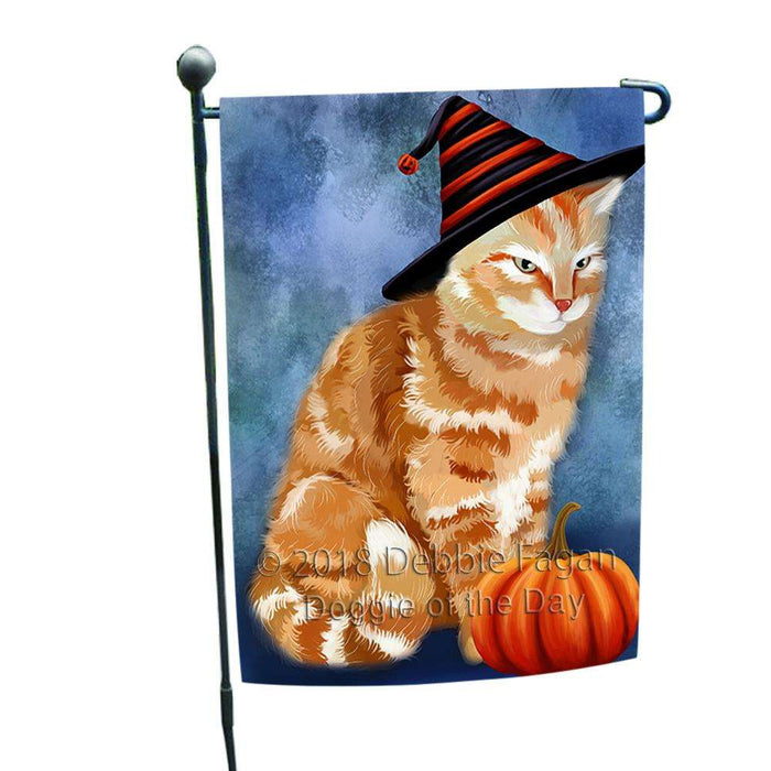 Happy Halloween Tabbie Cat Wearing Witch Hat with Pumpkin Garden Flag GFLG54984