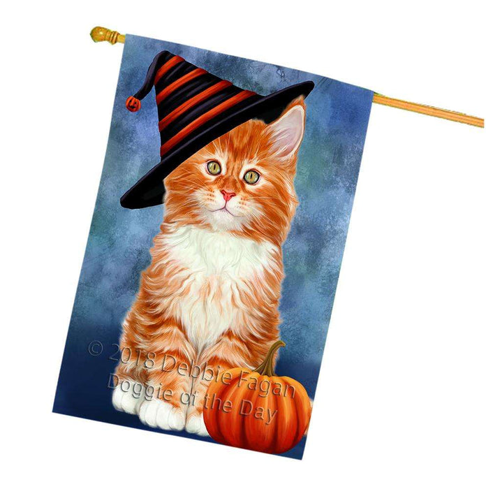 Happy Halloween Tabbie Cat Wearing Witch Hat with Pumpkin House Flag FLG55118