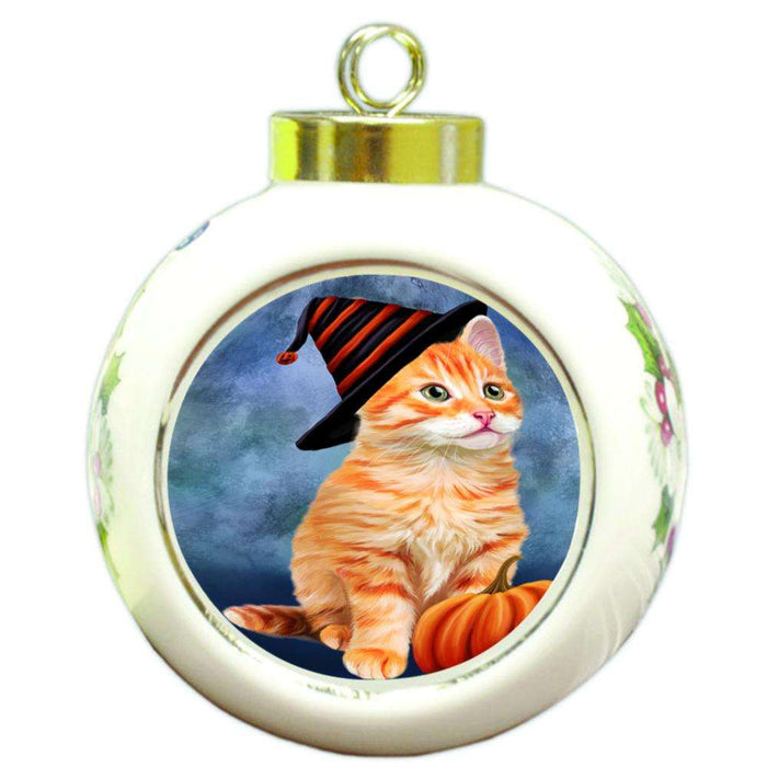 Happy Halloween Tabbie Cat Wearing Witch Hat with Pumpkin Round Ball Christmas Ornament RBPOR54918