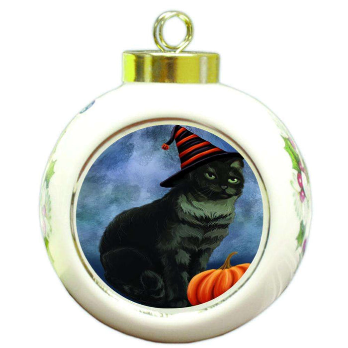Happy Halloween Tabbie Cat Wearing Witch Hat with Pumpkin Round Ball Christmas Ornament RBPOR54919