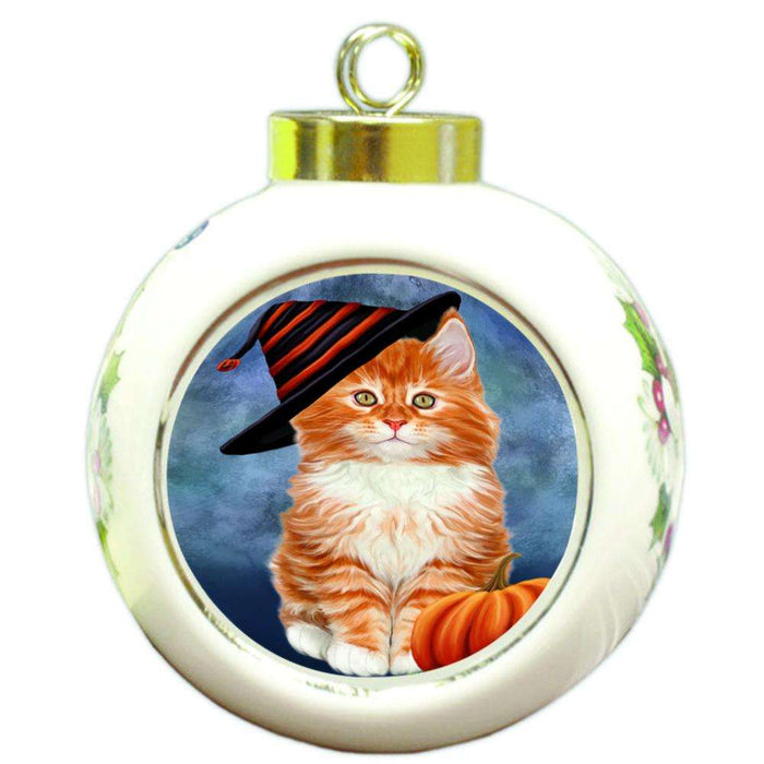 Happy Halloween Tabbie Cat Wearing Witch Hat with Pumpkin Round Ball Christmas Ornament RBPOR54920