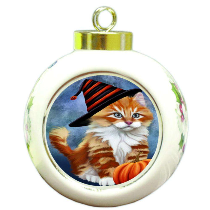 Happy Halloween Tabbie Cat Wearing Witch Hat with Pumpkin Round Ball Christmas Ornament RBPOR54921