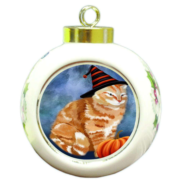 Happy Halloween Tabbie Cat Wearing Witch Hat with Pumpkin Round Ball Christmas Ornament RBPOR54922