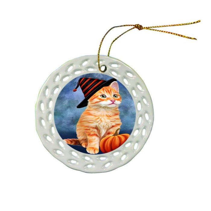 Happy Halloween Tabbie Cat Wearing Witch Hat with Pumpkin Star Porcelain Ornament SPOR54909