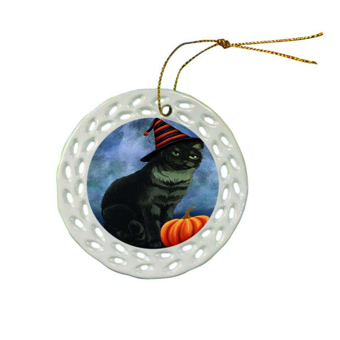 Happy Halloween Tabbie Cat Wearing Witch Hat with Pumpkin Star Porcelain Ornament SPOR54910