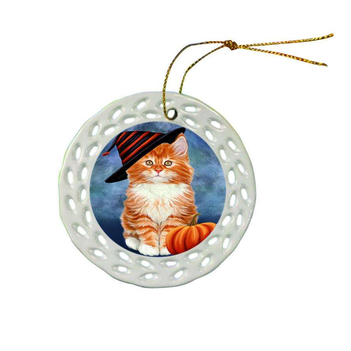 Happy Halloween Tabbie Cat Wearing Witch Hat with Pumpkin Star Porcelain Ornament SPOR54911