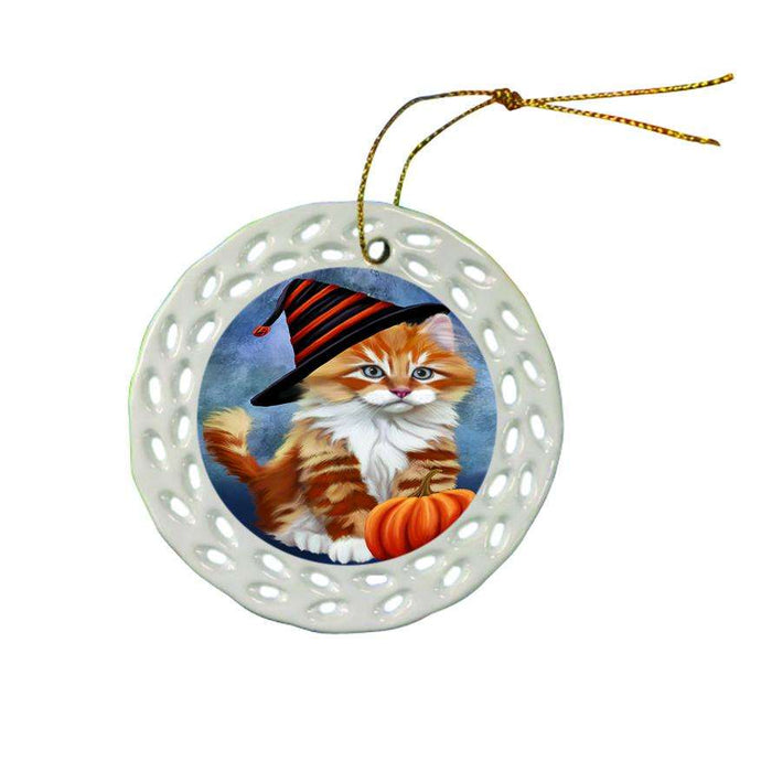 Happy Halloween Tabbie Cat Wearing Witch Hat with Pumpkin Star Porcelain Ornament SPOR54912