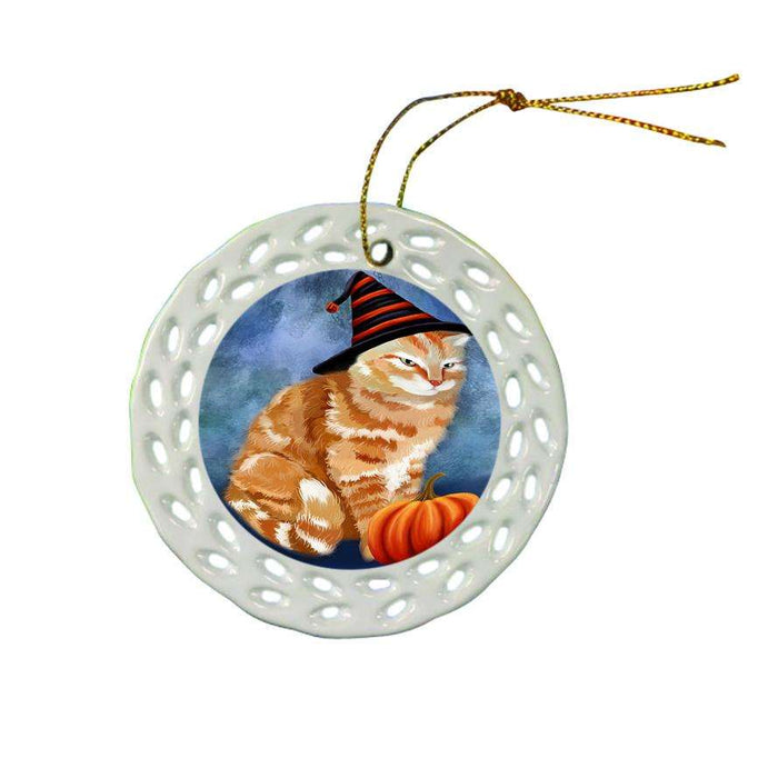 Happy Halloween Tabbie Cat Wearing Witch Hat with Pumpkin Star Porcelain Ornament SPOR54913