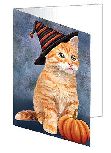 Happy Halloween Tabby Cat Wearing Witch Hat with Pumpkin Handmade Artwork Assorted Pets Greeting Cards and Note Cards with Envelopes for All Occasions and Holiday Seasons D115