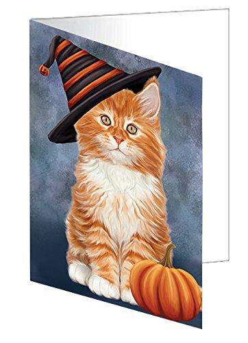 Happy Halloween Tabby Cat Wearing Witch Hat with Pumpkin Handmade Artwork Assorted Pets Greeting Cards and Note Cards with Envelopes for All Occasions and Holiday Seasons D119