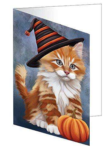 Happy Halloween Tabby Cat Wearing Witch Hat with Pumpkin Handmade Artwork Assorted Pets Greeting Cards and Note Cards with Envelopes for All Occasions and Holiday Seasons D121