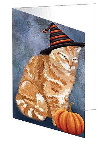 Happy Halloween Tabby Cat Wearing Witch Hat with Pumpkin Handmade Artwork Assorted Pets Greeting Cards and Note Cards with Envelopes for All Occasions and Holiday Seasons D123