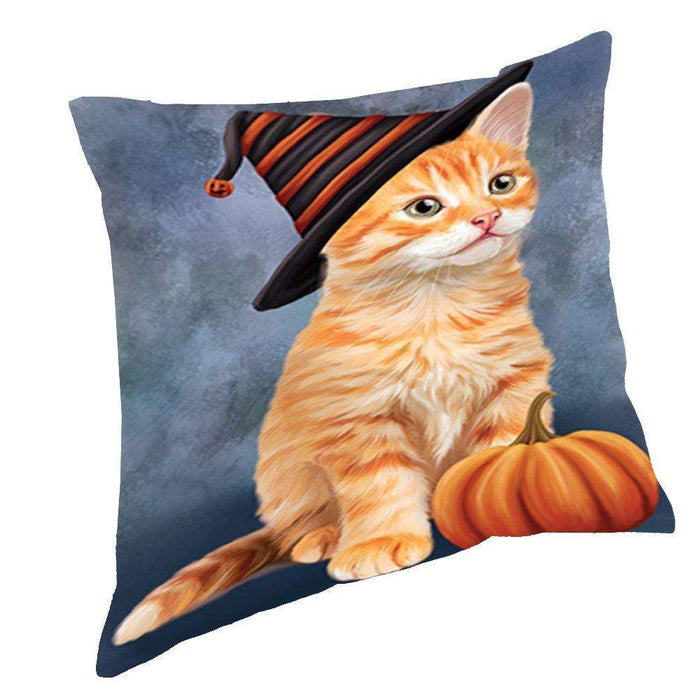 Happy Halloween Tabby Cat Wearing Witch Hat with Pumpkin Throw Pillow D187