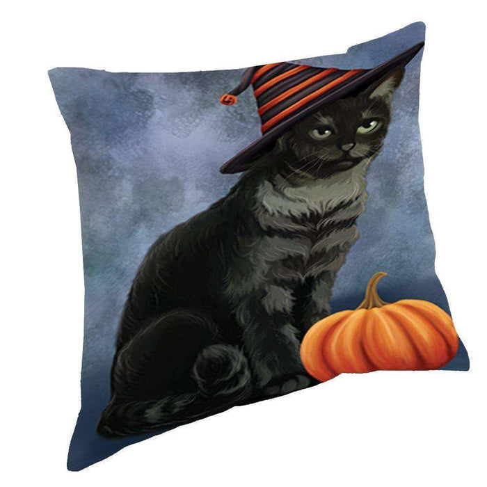 Happy Halloween Tabby Cat Wearing Witch Hat with Pumpkin Throw Pillow D189