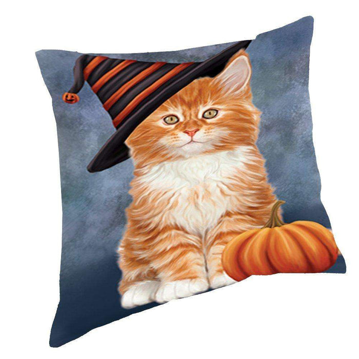Happy Halloween Tabby Cat Wearing Witch Hat with Pumpkin Throw Pillow D191
