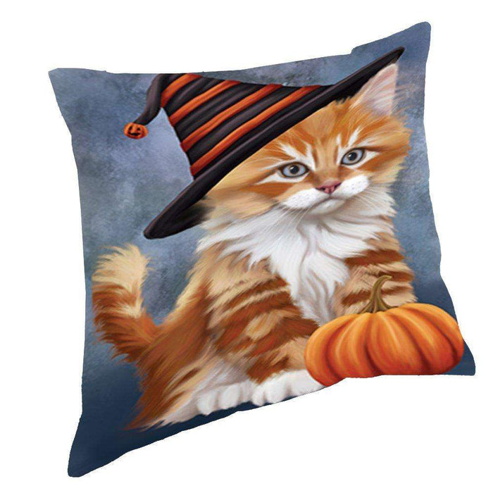 Happy Halloween Tabby Cat Wearing Witch Hat with Pumpkin Throw Pillow D193