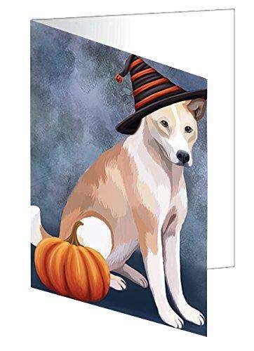 Happy Halloween Telomian Dog Wearing Witch Hat with Pumpkin Handmade Artwork Assorted Pets Greeting Cards and Note Cards with Envelopes for All Occasions and Holiday Seasons D127