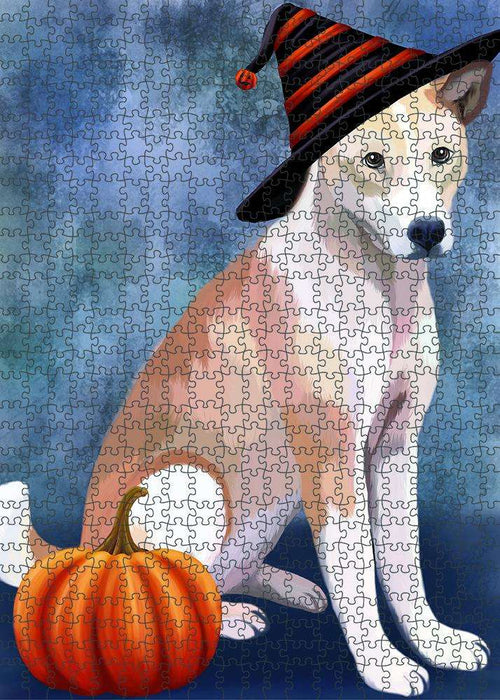 Happy Halloween Telomian Dog Wearing Witch Hat with Pumpkin Puzzle with Photo Tin PUZL86848