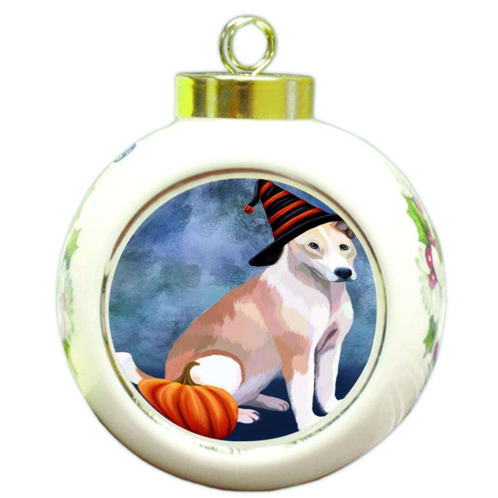 Happy Halloween Telomian Dog Wearing Witch Hat with Pumpkin Round Ball Christmas Ornament RBPOR54923