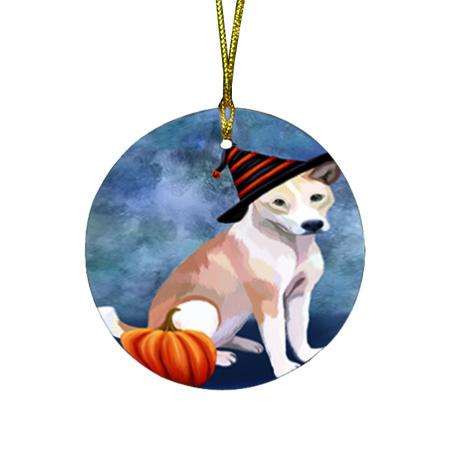 Happy Halloween Telomian Dog Wearing Witch Hat with Pumpkin Round Flat Christmas Ornament RFPOR54914