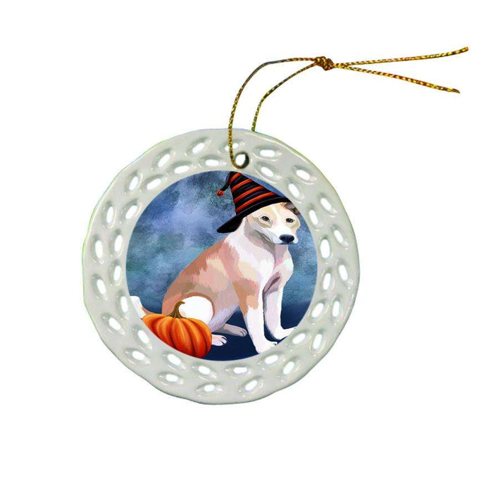 Happy Halloween Telomian Dog Wearing Witch Hat with Pumpkin Star Porcelain Ornament SPOR54914