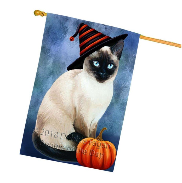 Happy Halloween Thai Cat Wearing Witch Hat with Pumpkin House Flag FLG55122