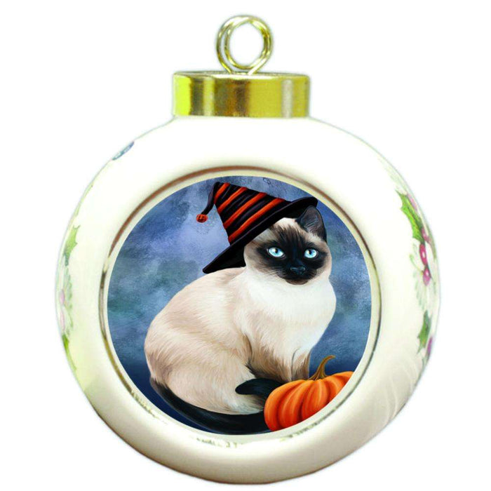 Happy Halloween Thai Cat Wearing Witch Hat with Pumpkin Round Ball Christmas Ornament RBPOR54924
