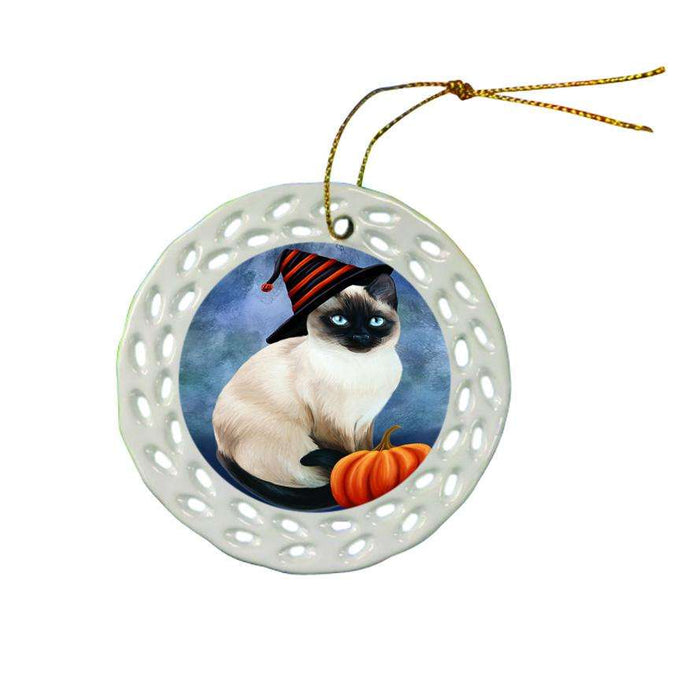 Happy Halloween Thai Cat Wearing Witch Hat with Pumpkin Star Porcelain Ornament SPOR54915