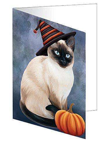 Happy Halloween Thai Siamese Cat Wearing Witch Hat with Pumpkin Handmade Artwork Assorted Pets Greeting Cards and Note Cards with Envelopes for All Occasions and Holiday Seasons D129