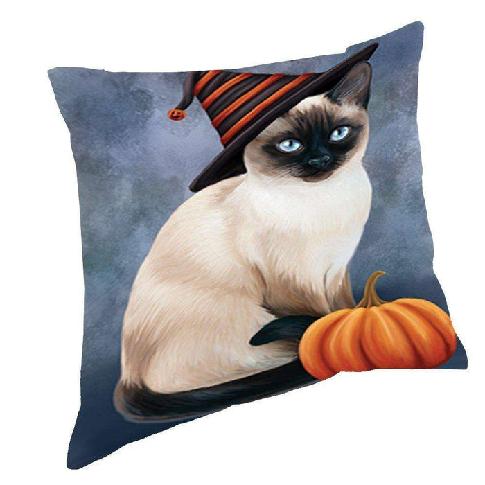 Happy Halloween Thai Siamese Cat Wearing Witch Hat with Pumpkin Throw Pillow D201