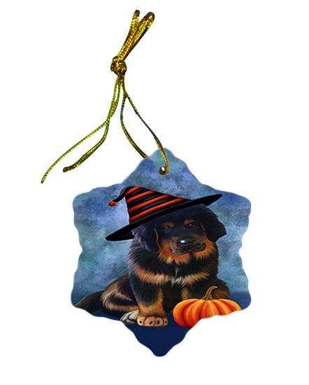 Happy Halloween Tibetan Mastiff Dog Wearing Witch Hat with Pumpkin Ceramic Doily Ornament DPOR54925