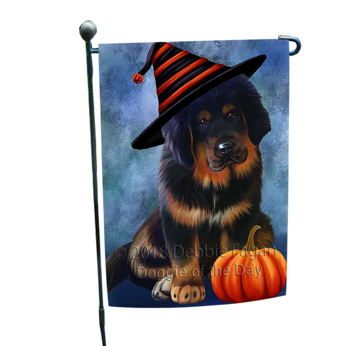 Happy Halloween Tibetan Mastiff Dog Wearing Witch Hat with Pumpkin Garden Flag GFLG54987
