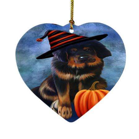 Happy Halloween Tibetan Mastiff Dog Wearing Witch Hat with Pumpkin Heart Christmas Ornament HPOR54925