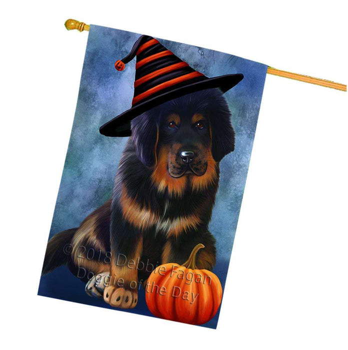 Happy Halloween Tibetan Mastiff Dog Wearing Witch Hat with Pumpkin House Flag FLG55123