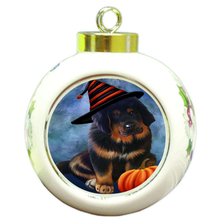 Happy Halloween Tibetan Mastiff Dog Wearing Witch Hat with Pumpkin Round Ball Christmas Ornament RBPOR54925