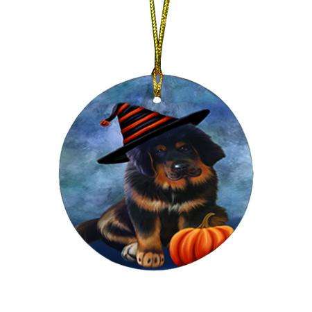 Happy Halloween Tibetan Mastiff Dog Wearing Witch Hat with Pumpkin Round Flat Christmas Ornament RFPOR54916