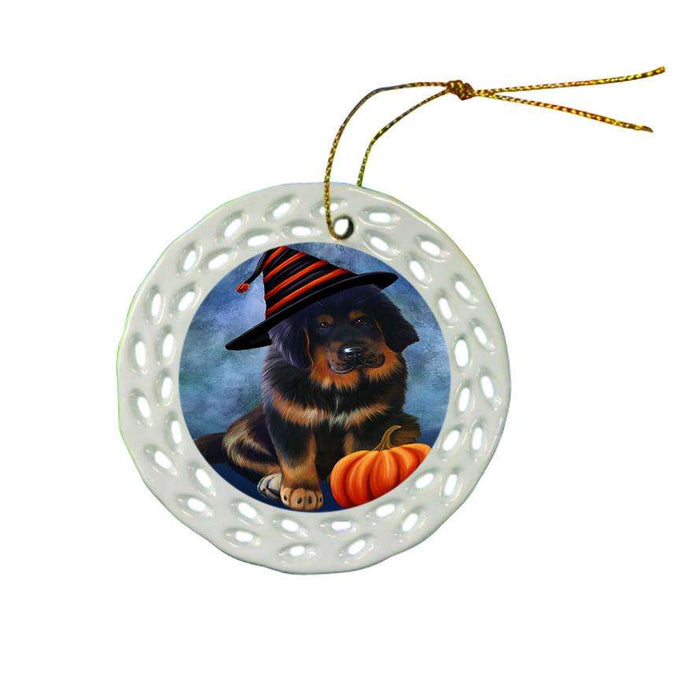 Happy Halloween Tibetan Mastiff Dog Wearing Witch Hat with Pumpkin Star Porcelain Ornament SPOR54916