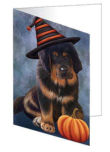 Happy Halloween Tibetan Mastiff Puppy Dog Wearing Witch Hat with Pumpkin Handmade Artwork Assorted Pets Greeting Cards and Note Cards with Envelopes for All Occasions and Holiday Seasons D131