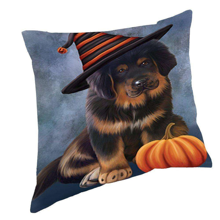 Happy Halloween Tibetan Mastiff Puppy Dog Wearing Witch Hat with Pumpkin Throw Pillow D203