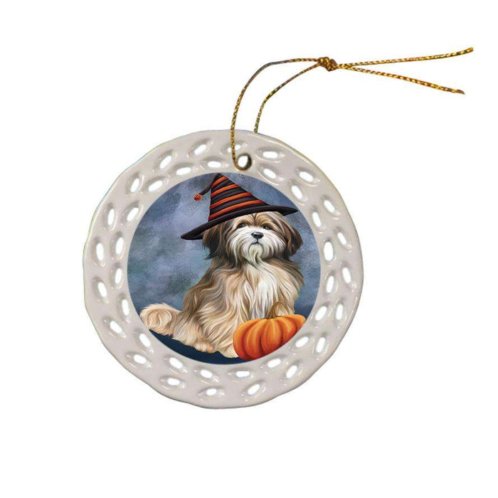 Happy Halloween Tibetan Terrier Dog Wearing Witch Hat with Pumpkin Ceramic Doily Ornament DPOR54874