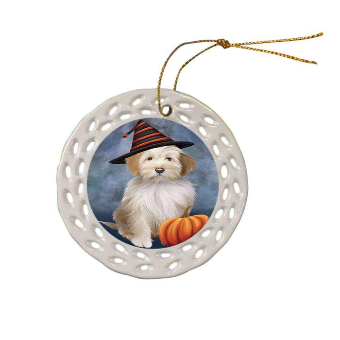 Happy Halloween Tibetan Terrier Dog Wearing Witch Hat with Pumpkin Ceramic Doily Ornament DPOR54875