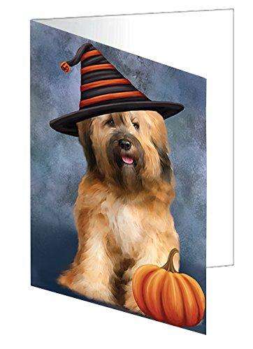Happy Halloween Tibetan Terrier Dog Wearing Witch Hat with Pumpkin Handmade Artwork Assorted Pets Greeting Cards and Note Cards with Envelopes for All Occasions and Holiday Seasons D133