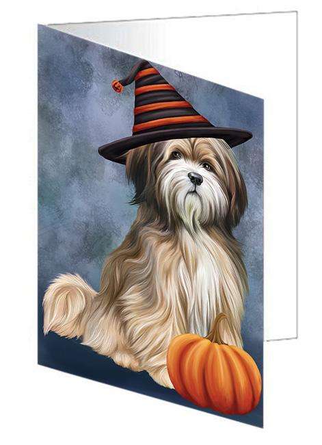 Happy Halloween Tibetan Terrier Dog Wearing Witch Hat with Pumpkin Handmade Artwork Assorted Pets Greeting Cards and Note Cards with Envelopes for All Occasions and Holiday Seasons GCD68651