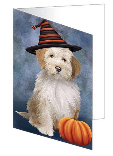 Happy Halloween Tibetan Terrier Dog Wearing Witch Hat with Pumpkin Handmade Artwork Assorted Pets Greeting Cards and Note Cards with Envelopes for All Occasions and Holiday Seasons GCD68654