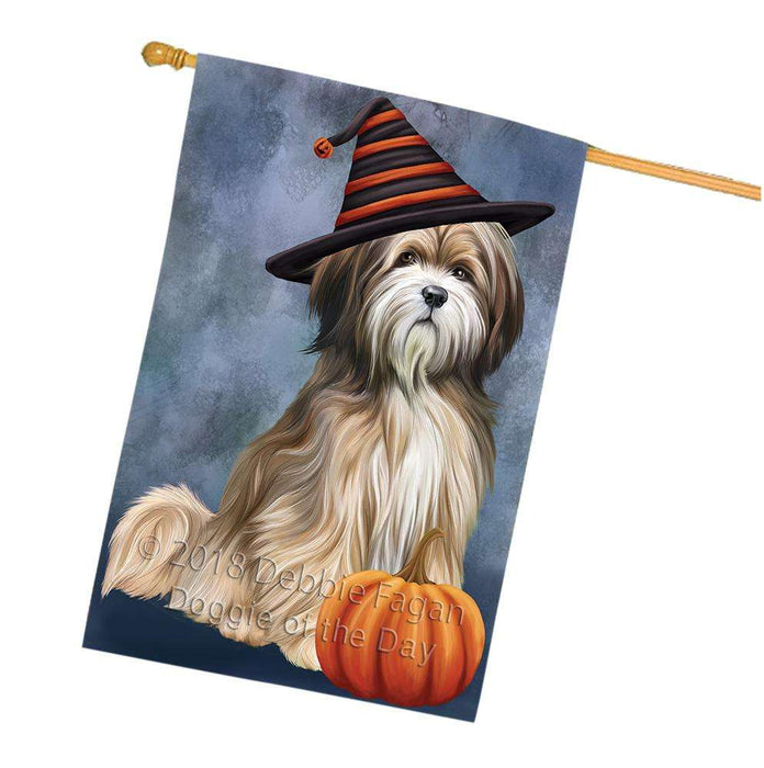 Happy Halloween Tibetan Terrier Dog Wearing Witch Hat with Pumpkin House Flag FLG55072