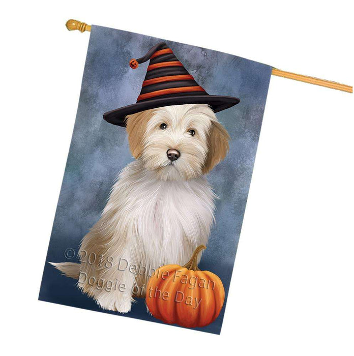 Happy Halloween Tibetan Terrier Dog Wearing Witch Hat with Pumpkin House Flag FLG55073