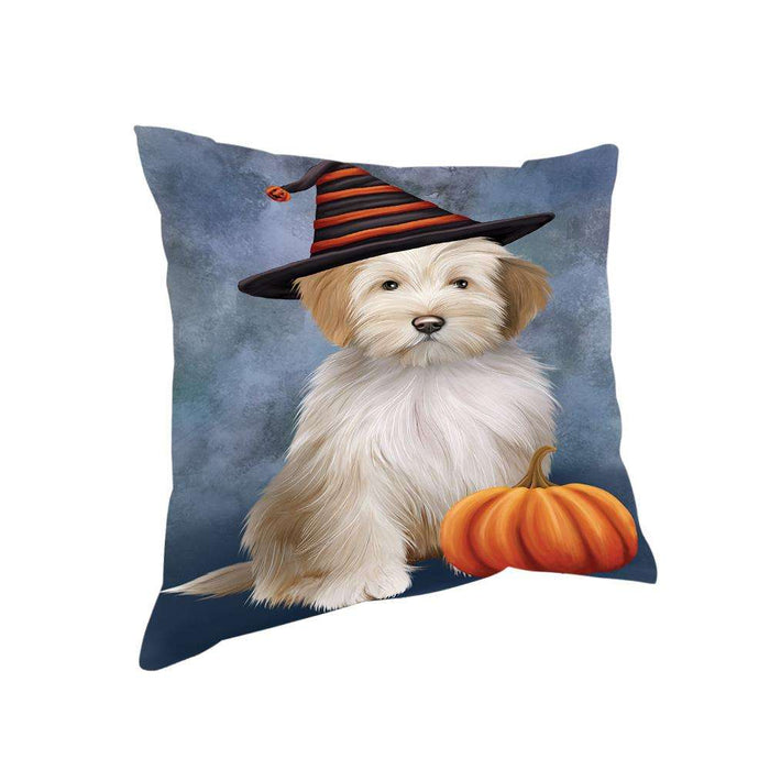 Happy Halloween Tibetan Terrier Dog Wearing Witch Hat with Pumpkin Pillow PIL76124