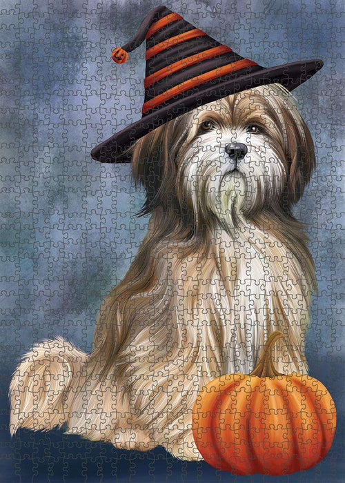 Happy Halloween Tibetan Terrier Dog Wearing Witch Hat with Pumpkin Puzzle with Photo Tin PUZL86652