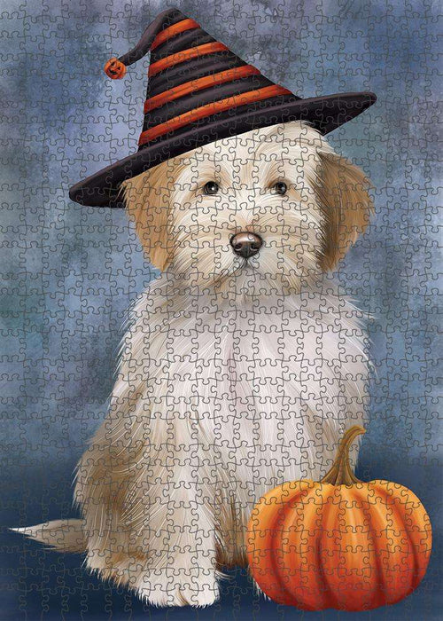 Happy Halloween Tibetan Terrier Dog Wearing Witch Hat with Pumpkin Puzzle with Photo Tin PUZL86656
