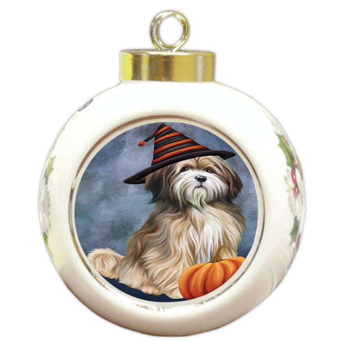 Happy Halloween Tibetan Terrier Dog Wearing Witch Hat with Pumpkin Round Ball Christmas Ornament RBPOR54874